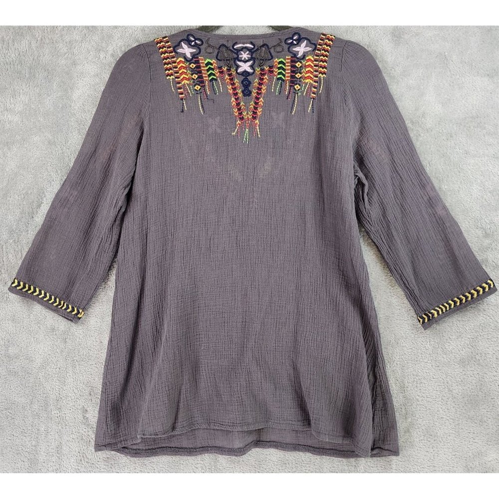 Urban Mangoz Shirt Womens Small Gray Embroidered Beaded Boho Hippie Gypsy Top - Picture 2 of 10